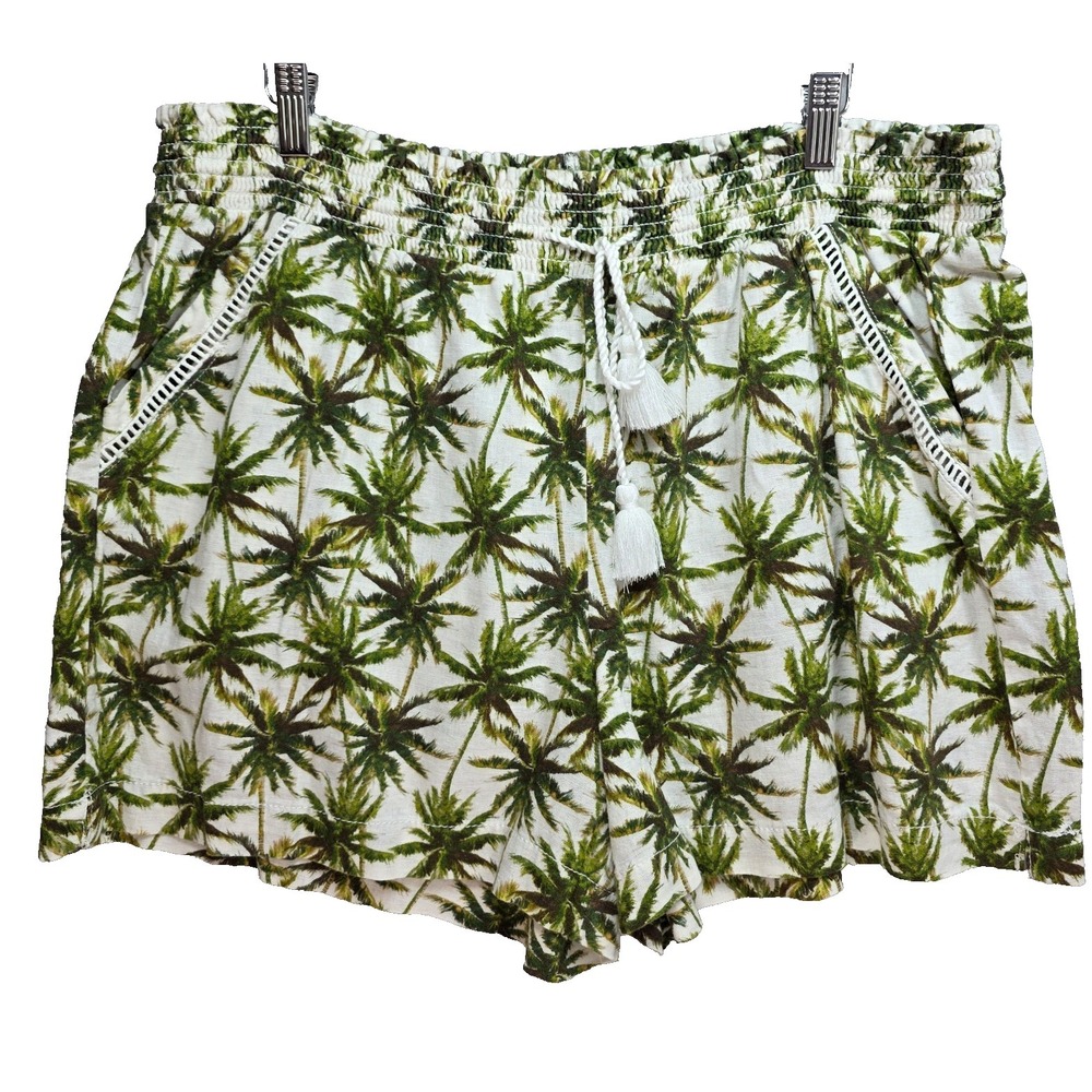 Briggs Tropical Shorts Linen Pull On Womens 2XL Palm Tree Beachy Summer Tassels